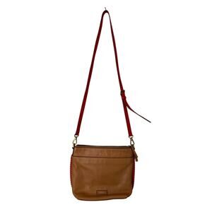 Fossil Tan‎ Cowhide Pebbled Leather Red Trim Crossbody Shoulder Bag Purse